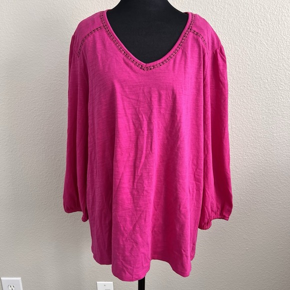 St. John's Bay Tops - XXL Top Tunic Tee 3/4 Sleeve Casual Crochet Trim NWT Cotton Pink St. John's Bay